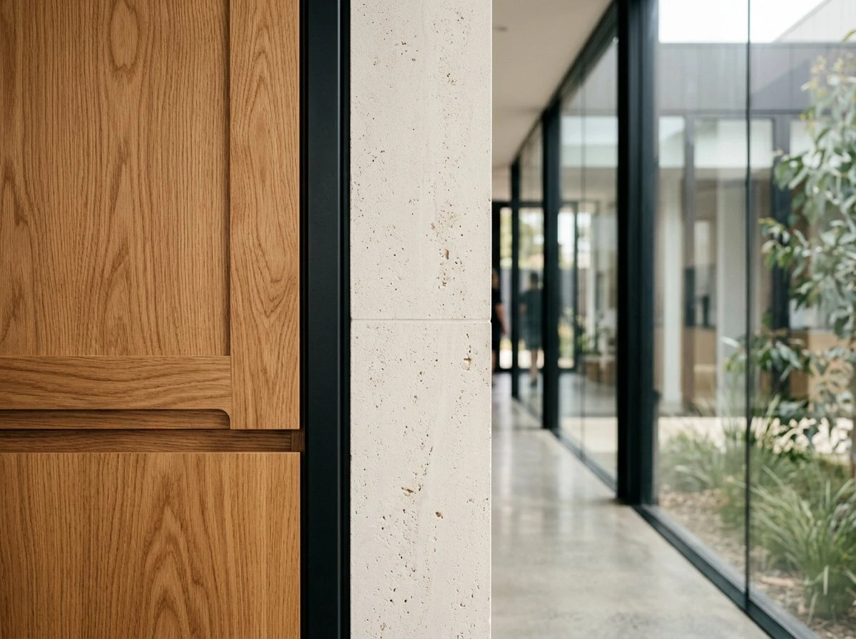 Precisely finished timber, dark metal and limestone joinery in a commercial interior