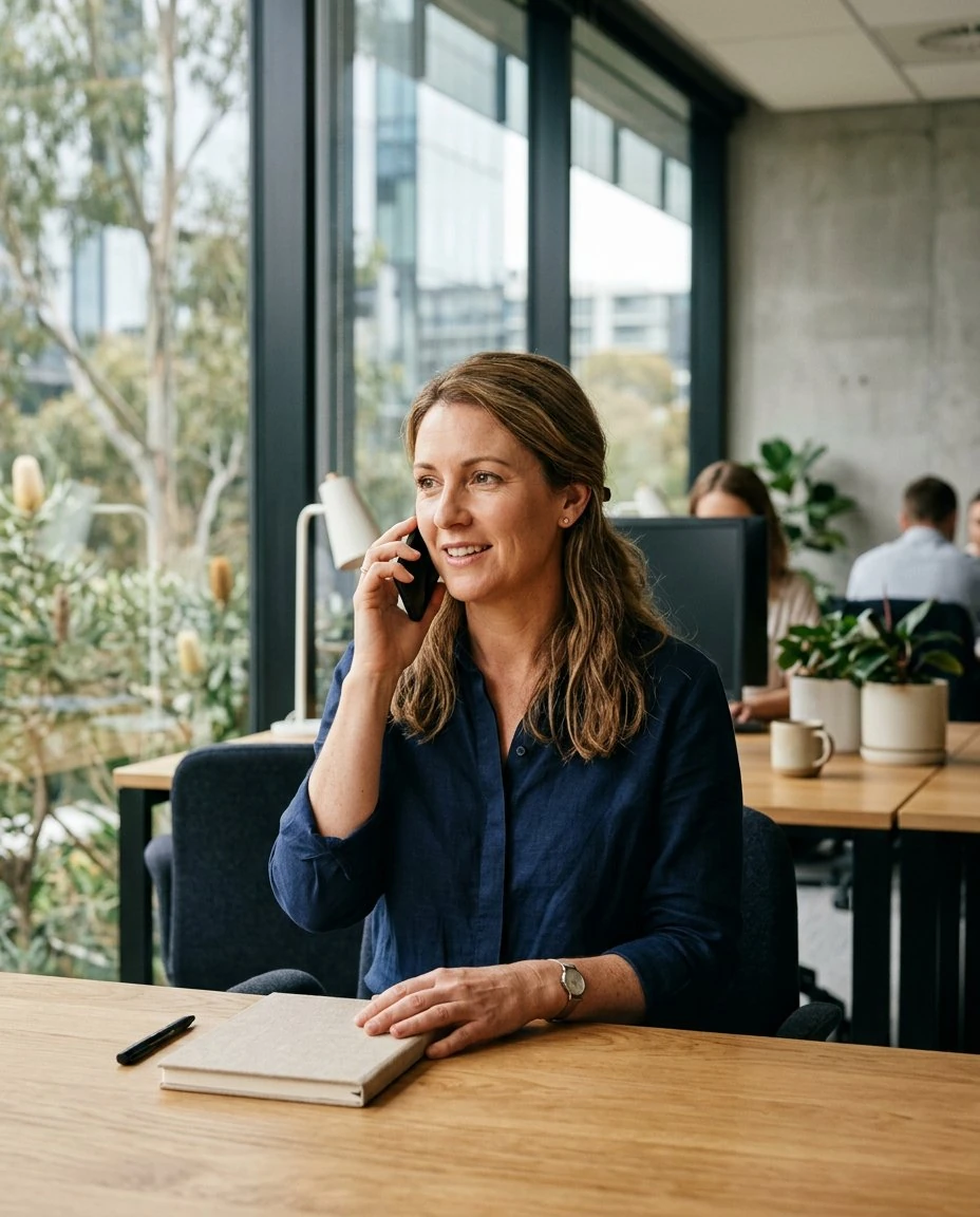 Service coordinator having a phone conversation in a contemporary office