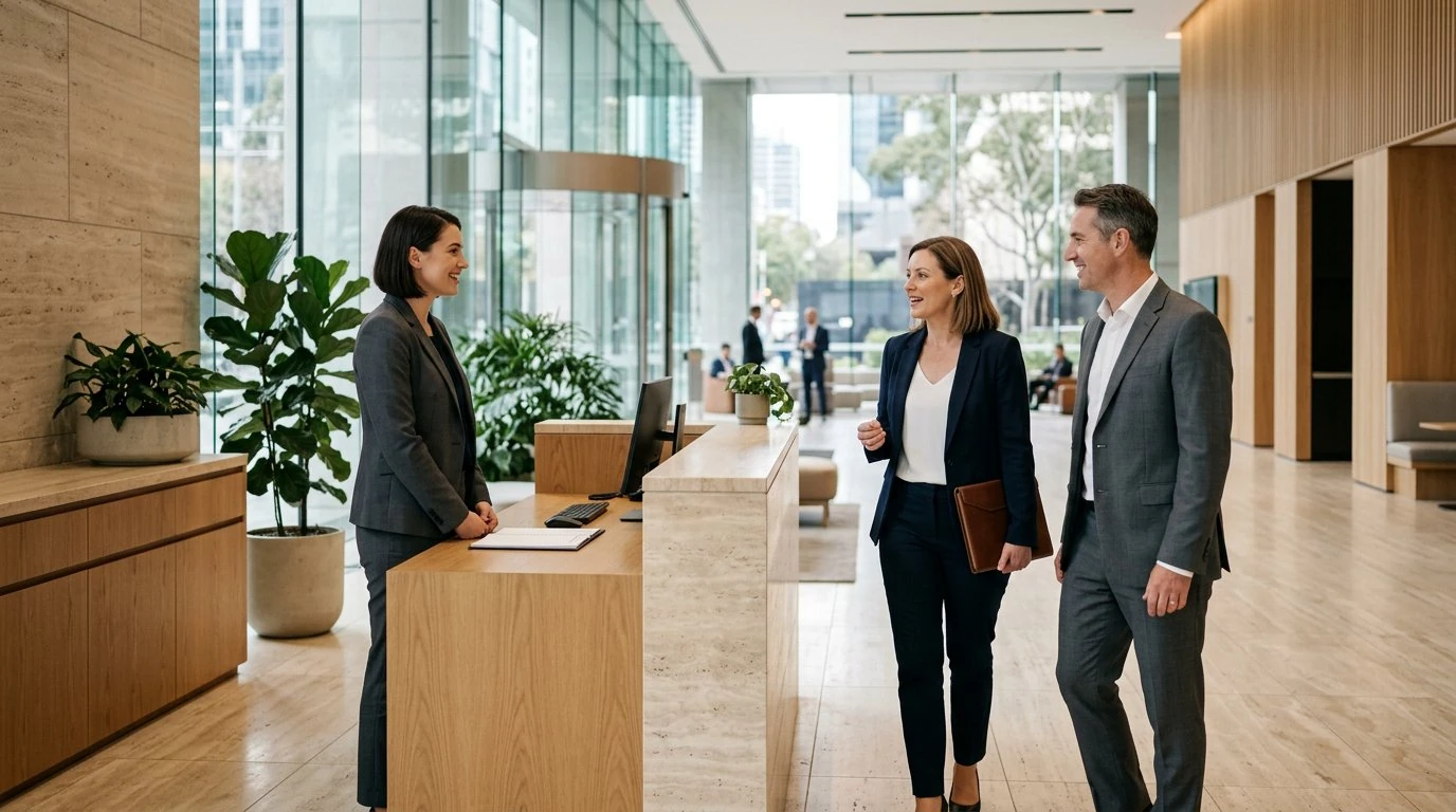 Illustrative unarmed concierge welcoming visitors in a contemporary commercial lobby