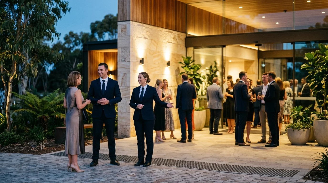 Illustrative unarmed event stewards welcoming guests at an evening venue