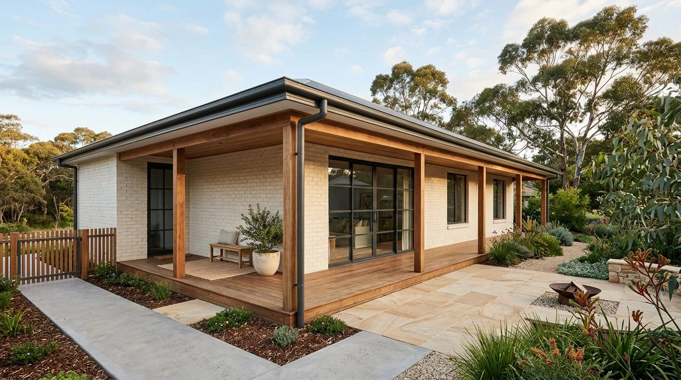 Illustrative renovated Australian home with timber veranda and a landscaped courtyard