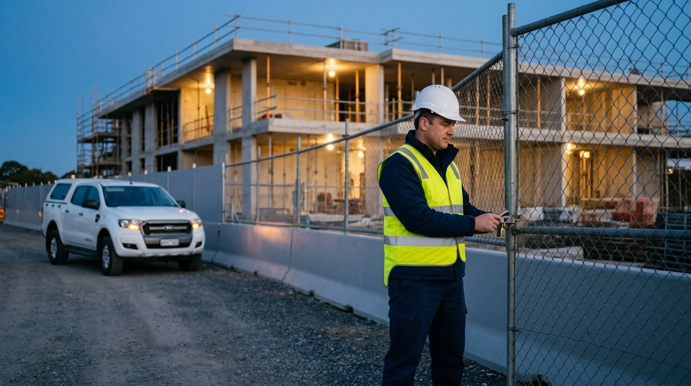 Illustrative unarmed professional checking a construction-site perimeter