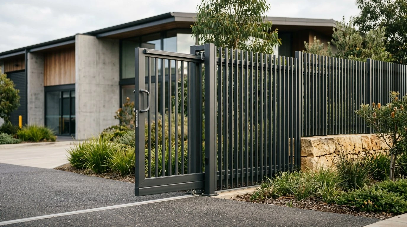 Illustrative charcoal steel sliding gate and fencing at a contemporary commercial entrance