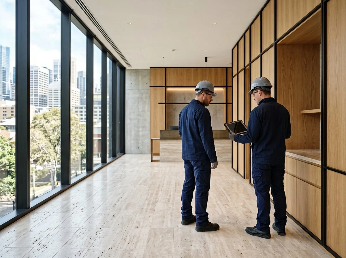 Building professionals reviewing an interior fit-out in a light-filled workspace