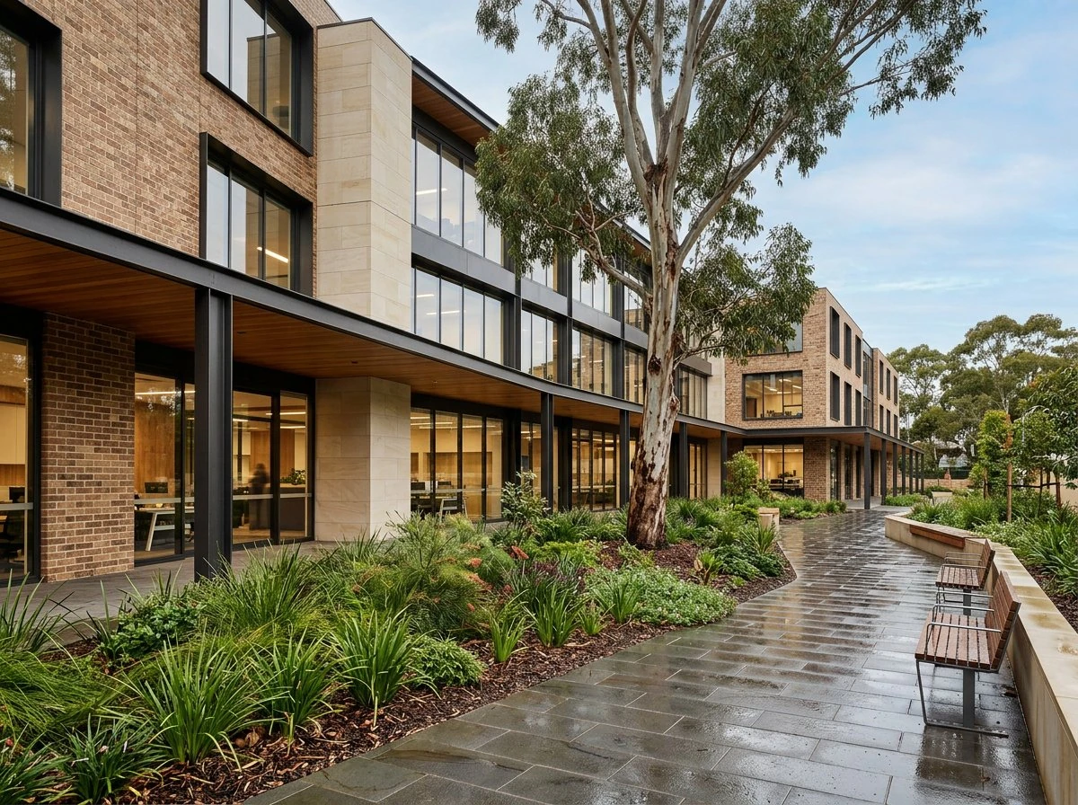 Maintained commercial courtyard with landscaped gardens and contemporary architecture