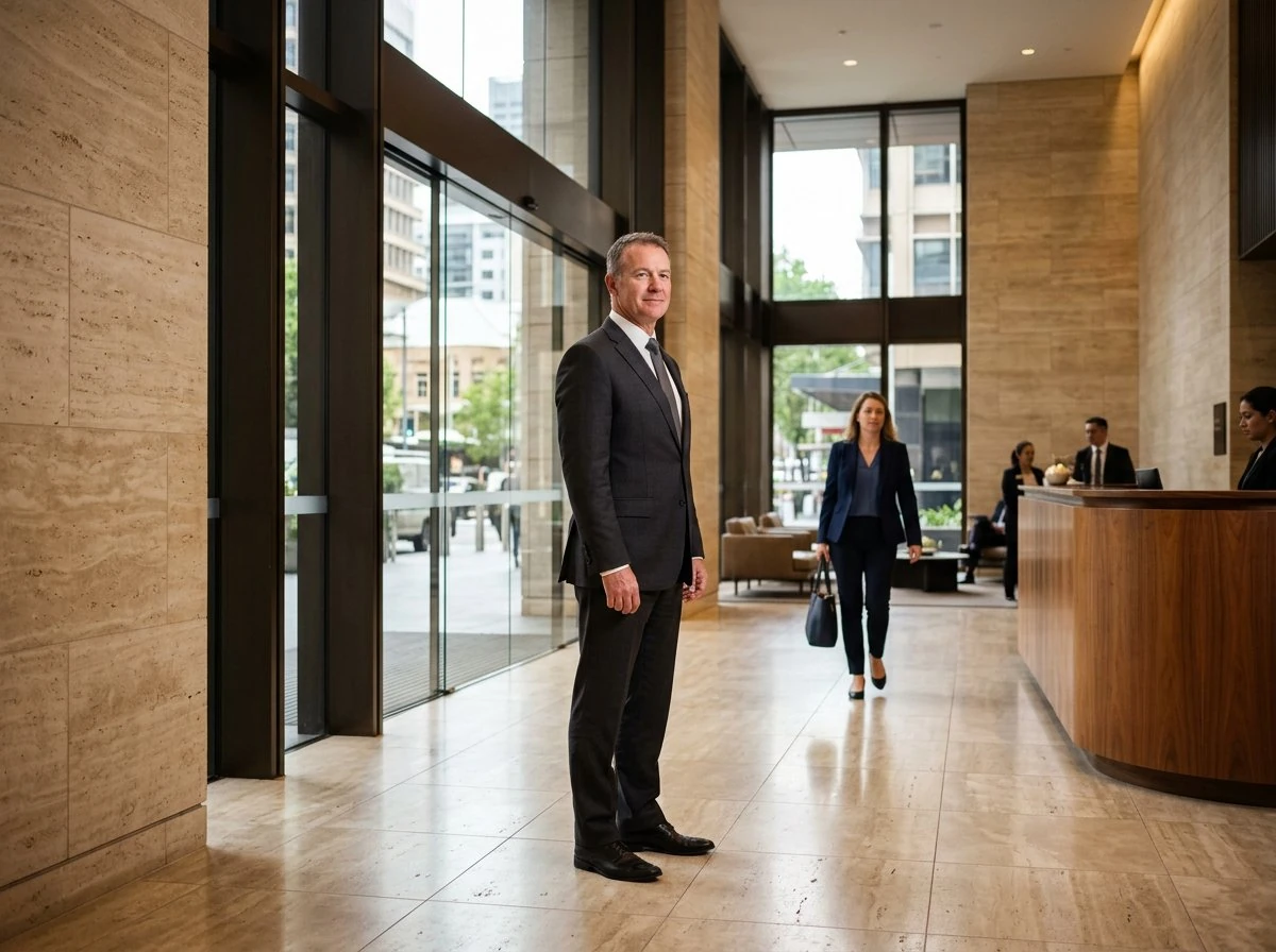 Professional security and concierge presence in a commercial reception lobby